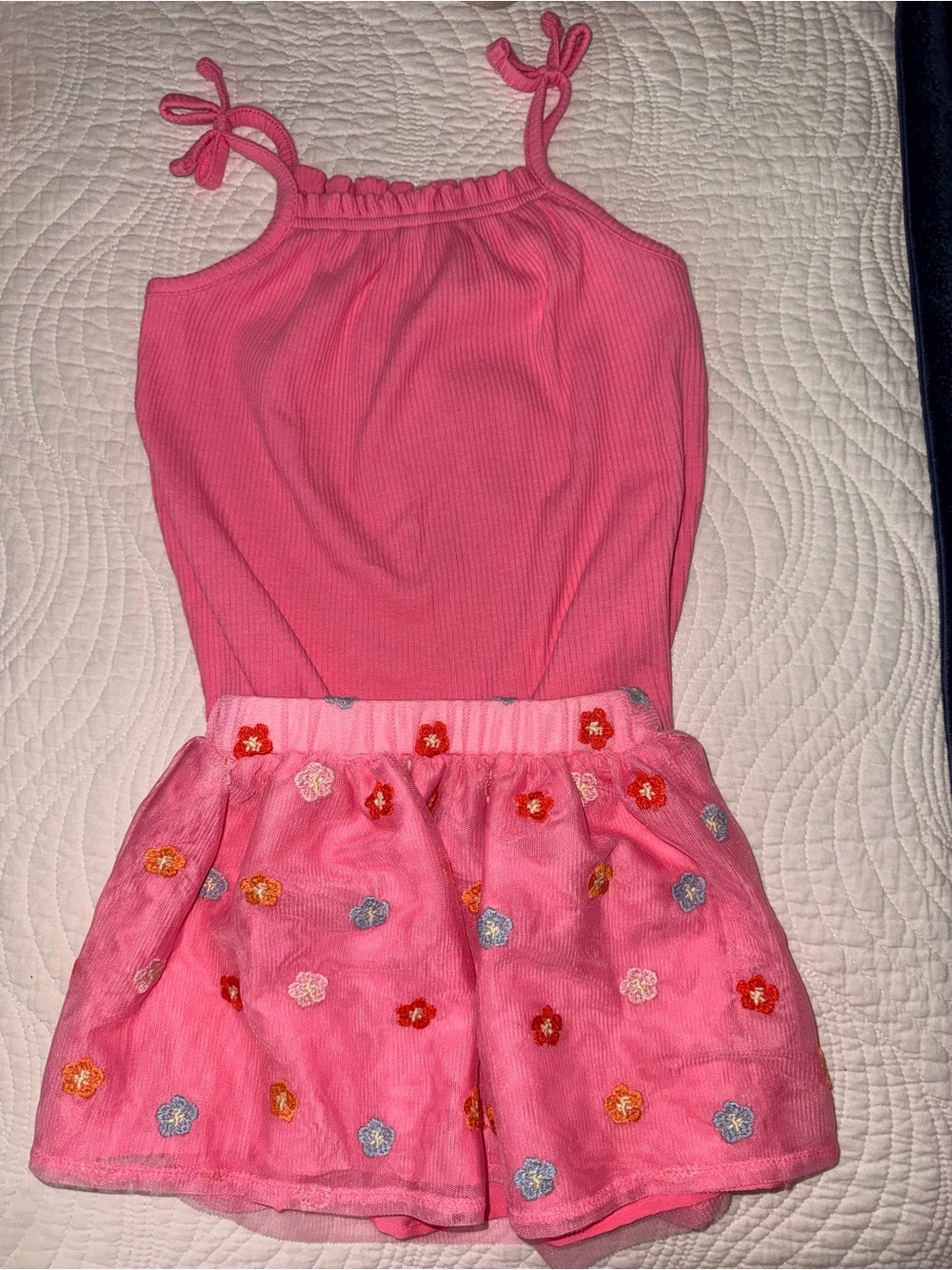 Pink Tank Romper with Embroidered Floral Skirt 12-18 Months